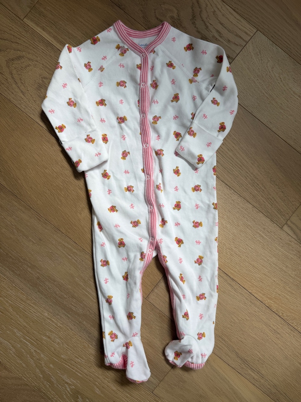 Ralph Lauren White and Pink Footed One-Piece with Bear Print